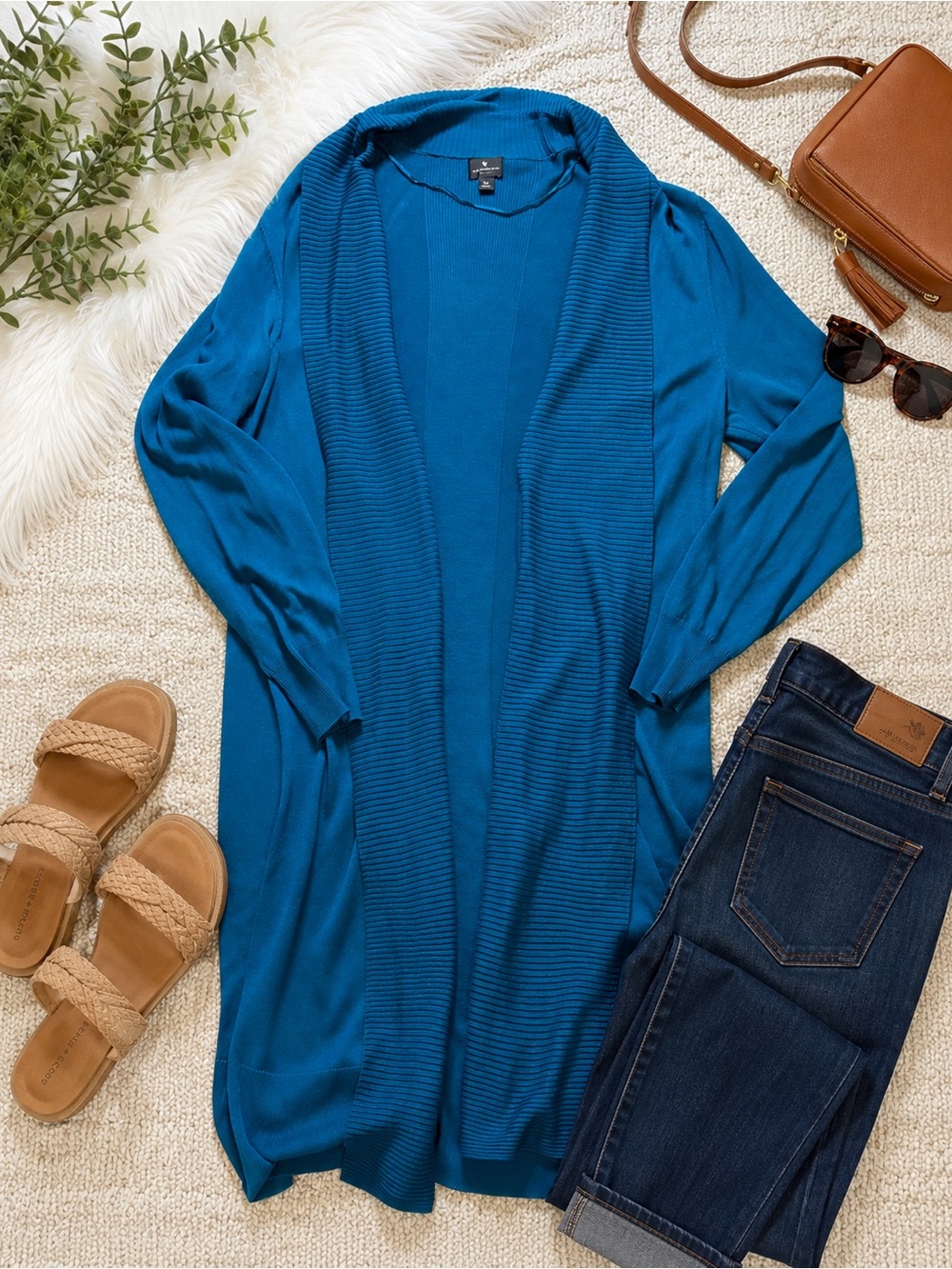 Worthington Woman 1X Dark Teal Blue Longline Open Front Ribbed Cardigan Sweater